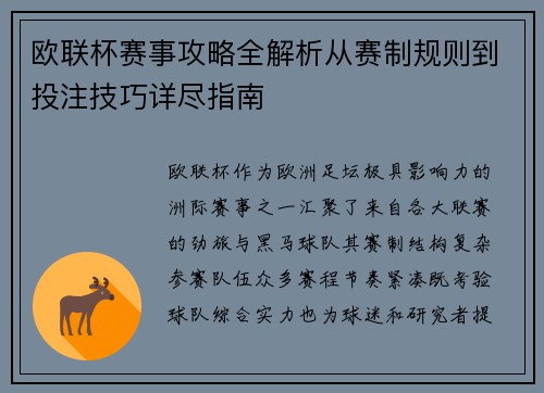 欧联杯赛事攻略全解析从赛制规则到投注技巧详尽指南 欧联杯赛事攻略全解析从赛制规则到投注技巧详尽指南