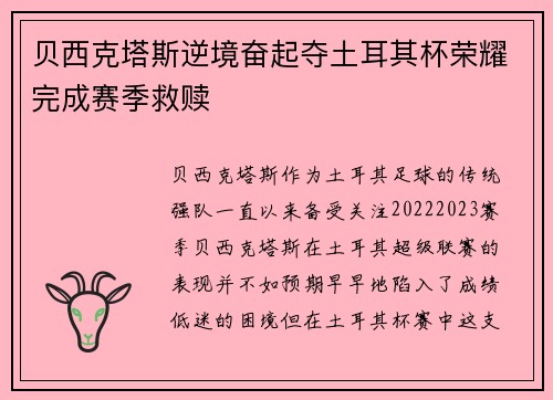 贝西克塔斯逆境奋起夺土耳其杯荣耀完成赛季救赎 贝西克塔斯逆境奋起夺土耳其杯荣耀完成赛季救赎
